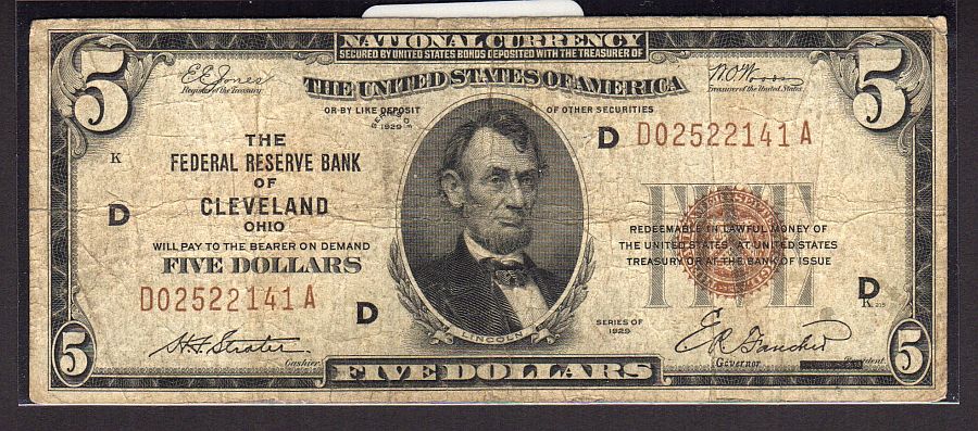 Fr.1850-D, 1929 $5 Cleveland York FRBN, D05222141A